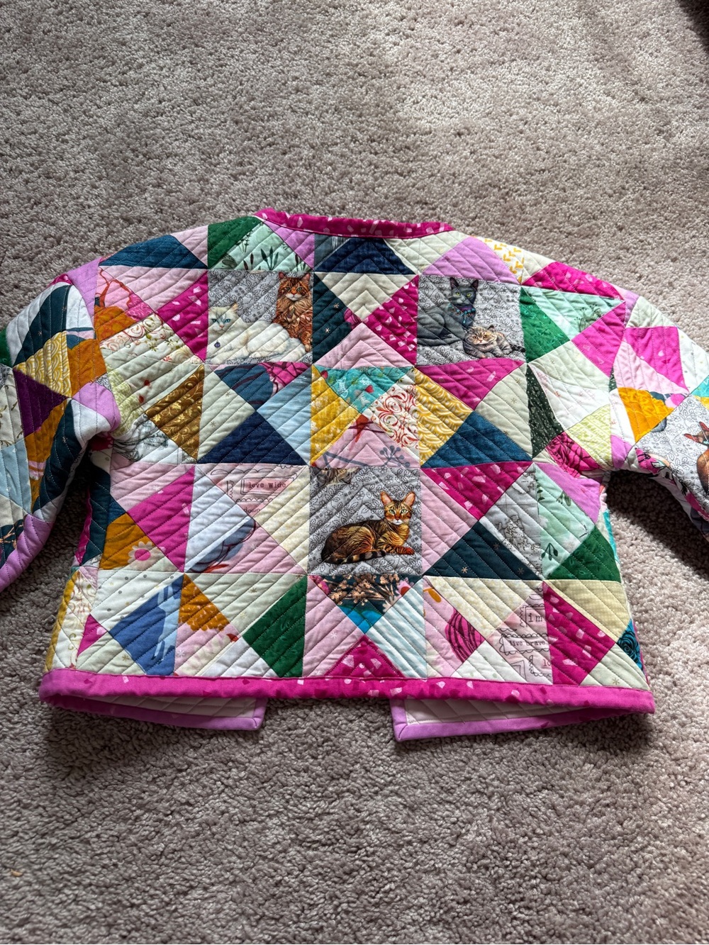 Girls handmade Colorful Triangle Patchwork Quilted Jacket with Kitty cat print - Picture 2 of 13